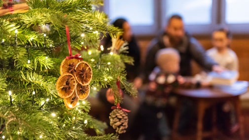 A view from the side of a christmas tree with twinkling lights and dried fruit decorations is in focus. Behind the tree, out of focus sits a young family on a wooden bench and table infront of a window.